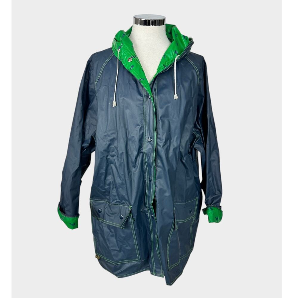Vintage 1980s M Navy Blue Green Whales Reversible Hooded Raincoat AqueSheen
